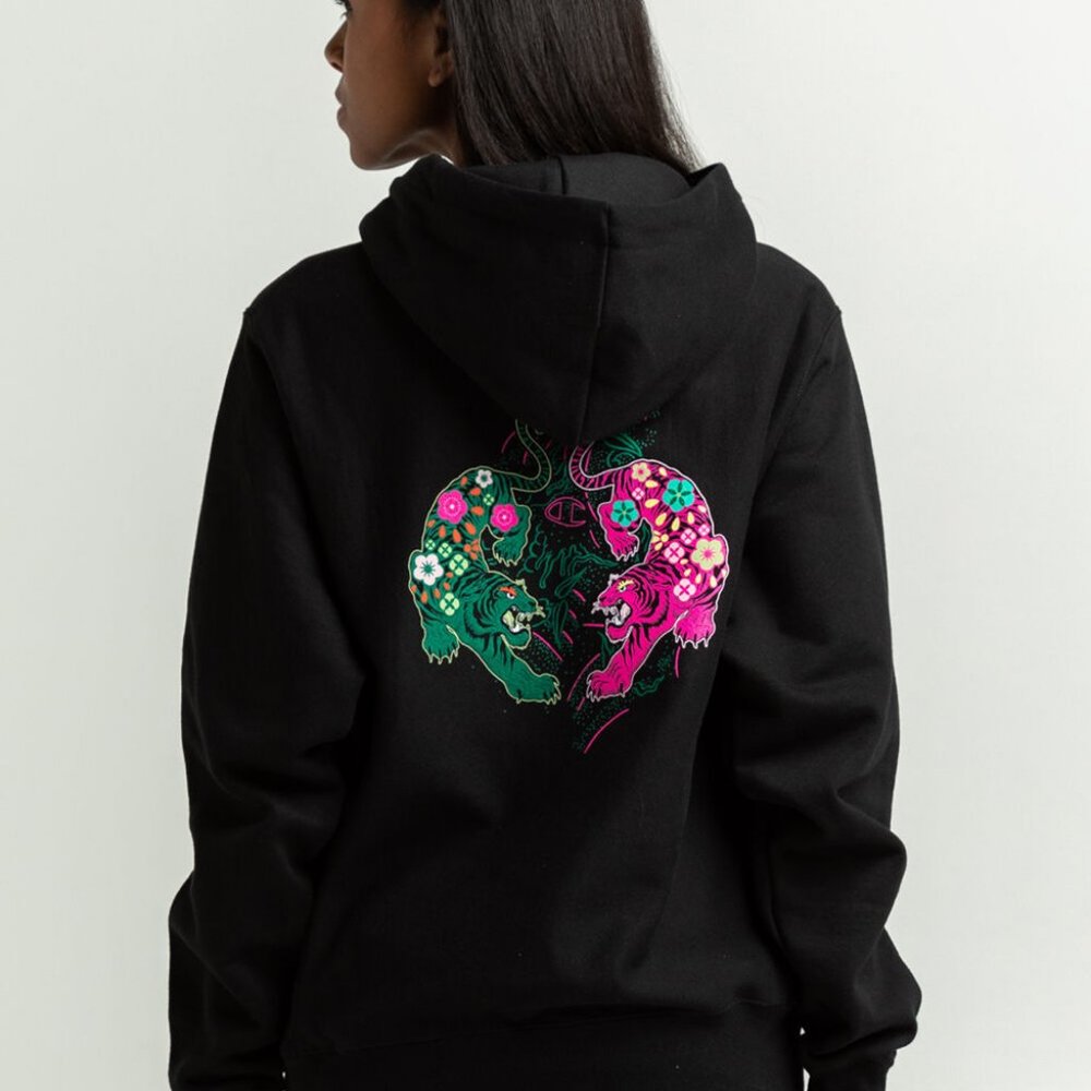 Champion Lunar New Year Collection Black Hoodie Neon Tiger Graphic Size M NWT - Picture 2 of 16